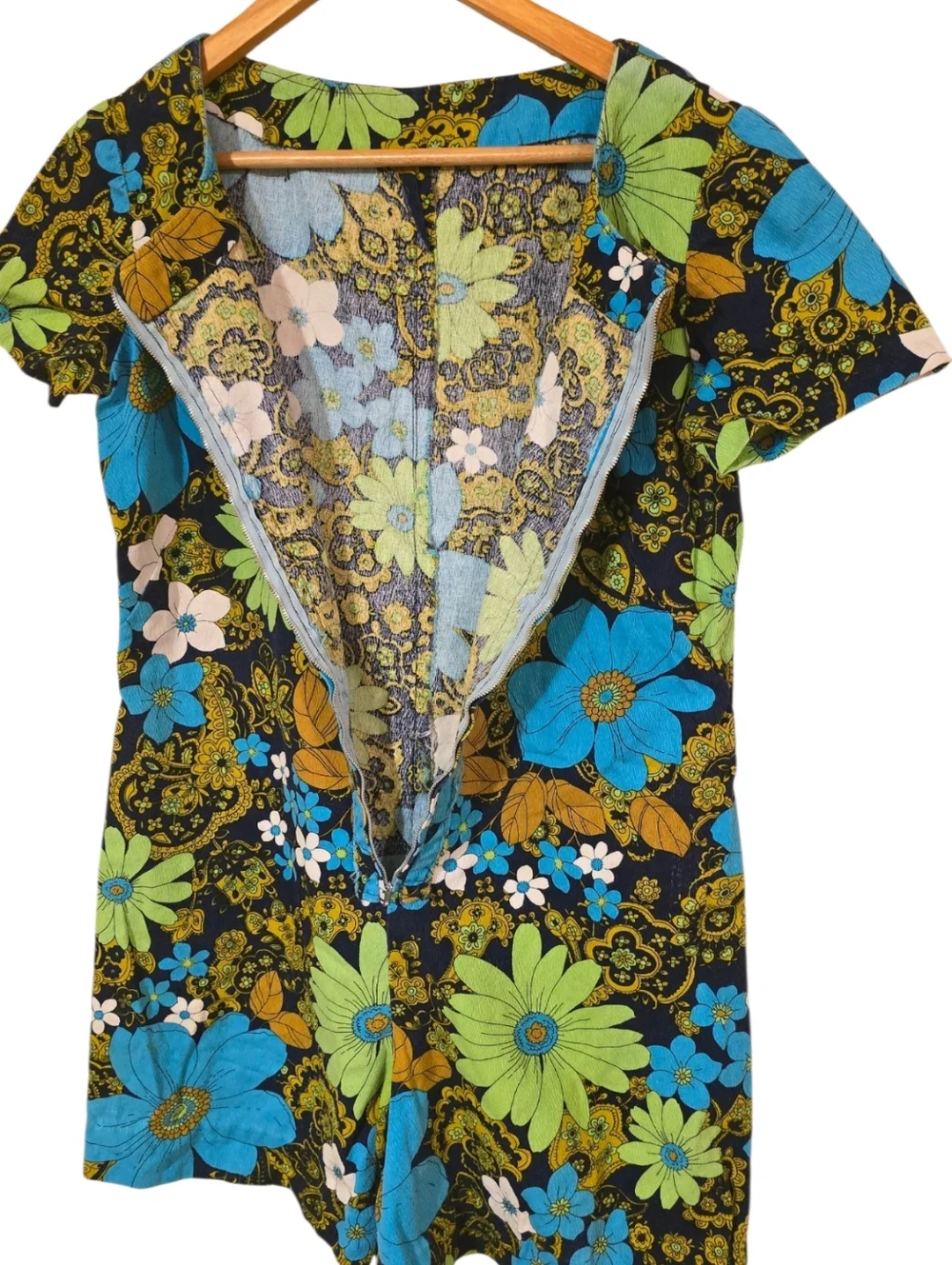 Vintage 70s Floral Romper Psych Mod Hippie Daisy Print Mini Jumpsuit Blue Green - Picture 5 of 15